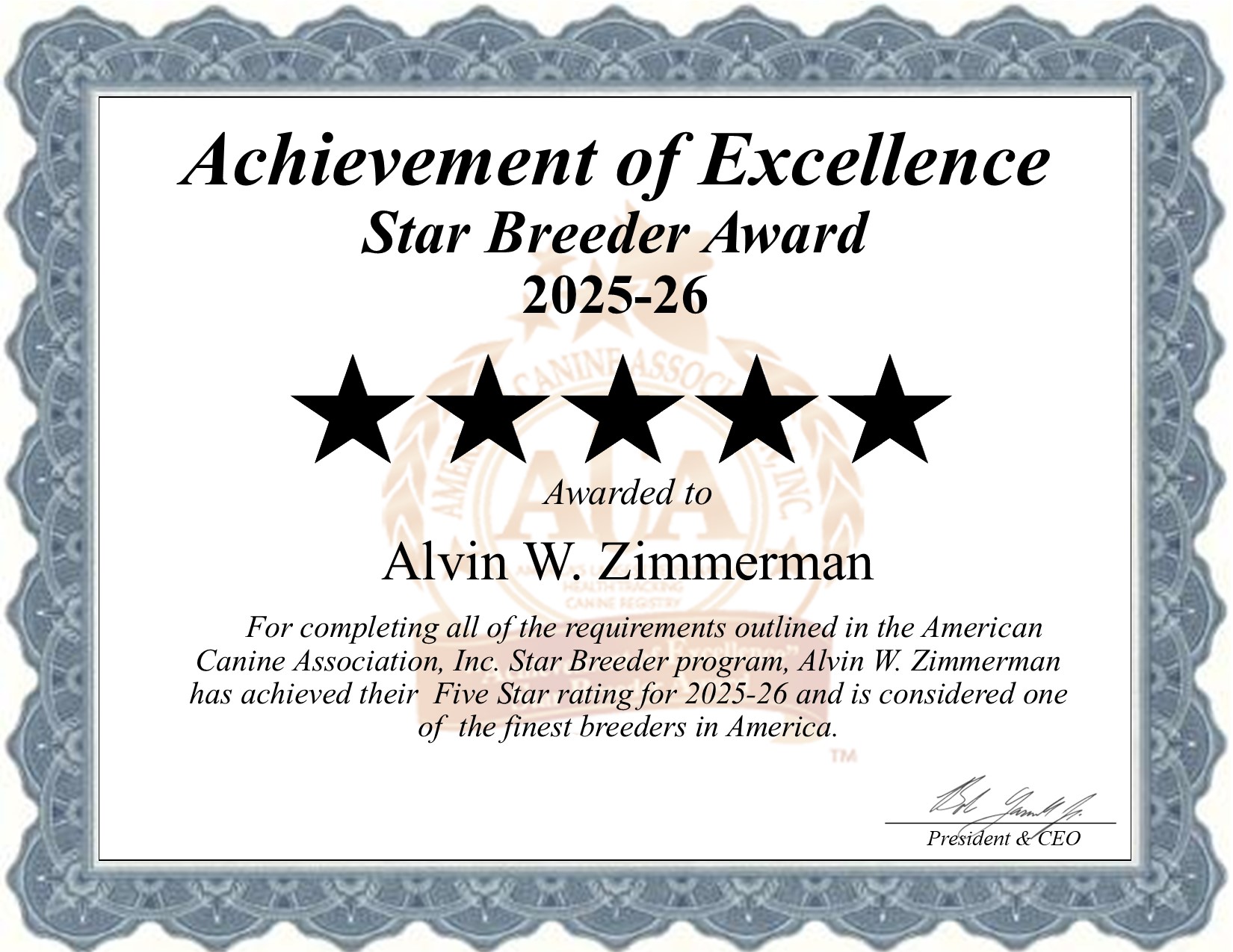 Alvin W., Zimmerman, dog, breeder, star, certificate, Alvin W.-Zimmerman, East Earl, PA, Pennsylvania, puppy, dog, kennels, mill, puppymill, usda, 5-star, aca, ica, registered, Boston Terrier